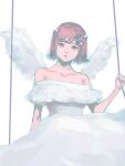  1girl alternate_costume bangs bare_shoulders brown_hair collarbone commentary_request dangan_ronpa_(series) dangan_ronpa_2:_goodbye_despair dress feathered_wings galaga grey_dress hair_ornament hand_up looking_at_viewer nanami_chiaki off-shoulder_dress off_shoulder realistic shiranchan short_hair simple_background solo strapless strapless_dress tiara upper_body white_background white_dress wings 