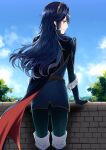  1girl ameno_(a_meno0) armor bangs blue_cape blue_eyes blue_gloves blue_hair blue_pants blue_sky cape clouds fingerless_gloves fire_emblem fire_emblem_awakening floating_hair gloves hair_ornament lips long_hair long_sleeves looking_at_viewer looking_back lucina_(fire_emblem) multicolored multicolored_cape multicolored_clothes outdoors pants parted_lips red_cape shiny shiny_hair shoulder_armor sky smile solo teeth tiara tree 