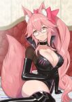  1girl animal_ear_fluff animal_ears asurada_yui black_bodysuit black_choker bodysuit breasts choker fate/grand_order fate_(series) fox_ears fox_girl fox_tail glasses grey-framed_eyewear highres hip_vent koyanskaya_(fate) large_breasts long_hair partially_unzipped pink_hair ponytail solo tail tamamo_(fate) very_long_hair yellow_eyes 