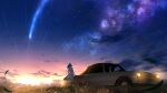  1girl adsuger bangs blue_hair car clouds daybreak_frontline_(vocaloid) dress grass ground_vehicle headlight highres leaning_back long_hair motor_vehicle outdoors scenery shooting_star short_sleeves sky solo star_(sky) sunset white_dress wind 