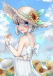  1girl artist_name bangs bare_shoulders blue_eyes blue_sky blush bow breasts brown_headwear clouds cloudy_sky dress eyebrows_visible_through_hair eyes_visible_through_hair flower from_behind ghost hair_between_eyes hand_up hat highres konpaku_youmu konpaku_youmu_(ghost) leaf medium_breasts open_mouth rital shadow short_hair silver_hair sky sleeveless smile solo sunflower touhou white_bow white_dress wrist_cuffs yellow_flower 
