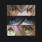  3girls absurdres black_background blue_hair bright_pupils brown_hair close-up dated face green_hair hair_between_eyes highres light_brown_hair multiple_girls mysoda orange_eyes original pink_hair signature simple_background upper_body vampire_maid_(mysoda) white_pupils yellow_eyes 