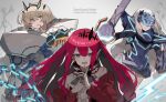  3girls aqua_eyes armor blonde_hair breastplate chain copyright_name fairy_knight_gawain_(fate) fairy_knight_lancelot_(fate) fairy_knight_tristan_(fate) fate/grand_order fate_(series) grey_eyes highres katsu_(katsupainter) long_hair mask multiple_girls pauldrons pink_hair pink_nails pointy_ears shoulder_armor white_hair 