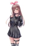  1girl aira_(qwedcxza49) bangs belt belt_buckle black_belt black_choker black_dress blush brown_hair buckle choker closed_mouth cowboy_shot dress eyebrows_visible_through_hair green_eyes hairband highres kizuna_ai kizuna_ai_inc. long_hair looking_at_viewer multicolored_hair pink_hair pink_hairband pleated_dress shiny shiny_hair short_dress simple_background solo standing straight_hair striped striped_legwear thigh-highs two-tone_hair very_long_hair virtual_youtuber white_background zettai_ryouiki 