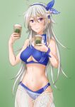  1girl ahoge anti_(untea9) bikini blue_bikini breasts cowboy_shot cup disposable_cup eyebrows_visible_through_hair gradient gradient_background green_background grey_eyes hair_between_eyes highres holding holding_cup kantai_collection large_breasts long_hair looking_at_viewer navel official_alternate_costume sarong silver_hair smile solo swimsuit translucent_sarong under_boob washington_(kancolle) 
