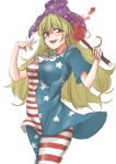  1girl :d absurdres american_flag_dress bad_hand bangs blonde_hair blush breasts clownpiece commentary_request cowboy_shot error eyebrows_visible_through_hair hair_between_eyes hands_up hat highres holding holding_torch jester_cap kuraki long_hair looking_at_viewer medium_breasts neck_ruff open_mouth pantyhose polka_dot purple_headwear red_eyes simple_background sketch smile solo star_(symbol) star_print torch touhou very_long_hair white_background wrong_hand 