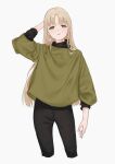  1girl bangs black_pants black_sweater blush earrings eyebrows_visible_through_hair eyelashes green_shirt grey_background hand_on_own_head highres jewelry light_brown_eyes light_brown_hair long_hair long_sleeves looking_at_viewer nao_0829_17 nijisanji o-ring pants shirt single_earring sister_cleaire solo standing sweater turtleneck virtual_youtuber 