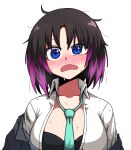  1girl black_bra black_hair blue_eyes blush bra breasts collarbone collared_shirt elma_(maidragon) eyebrows_visible_through_hair fang formicid green_neckwear kobayashi-san_chi_no_maidragon large_breasts looking_at_viewer messy_hair multicolored_hair necktie open_mouth purple_hair shirt short_hair skin_fang solo sweat underwear white_shirt 