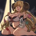  1girl :d ahoge anila_(granblue_fantasy) bangs bikini blonde_hair blunt_bangs blush breasts commentary_request detached_sleeves draph eyebrows_visible_through_hair granblue_fantasy hair_ornament horns kawacchi_hirohiro large_breasts long_hair looking_at_viewer navel open_mouth ribbon-trimmed_bikini ribbon-trimmed_sleeves ribbon_trim sheep_horns short_eyebrows sitting smile solo swimsuit thick_eyebrows very_long_hair wariza white_bikini yellow_eyes 