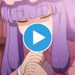 1girl bangs bow buttons closed_eyes collar commentary dress eyebrows_visible_through_hair fake_play_button hair_bow hat light long_hair long_sleeves mob_cap patchouli_knowledge pink_dress pink_headwear pink_sleeves purple_hair red_bow sexually_suggestive shadow shirosato solo touhou 