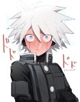  1boy a_tama_(pakpak_tkg) absurdres bangs blue_eyes blush commentary_request dangan_ronpa_(series) dangan_ronpa_v3:_killing_harmony embarrassed full-face_blush gloves grey_background grey_hair hair_between_eyes headphones highres keebo male_focus messy_hair parted_lips power_armor simple_background solo spiky_hair steam translation_request upper_body white_background white_hair wide-eyed 