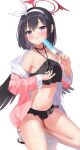  1girl armpits bare_shoulders bikini bikini_skirt black_bikini black_choker black_hair blue_archive choker collarbone dripping fang feathered_wings food frilled_bikini frills halo halterneck highres holding jacket kneeling kyonta looking_at_viewer mashiro_(blue_archive) midriff navel off_shoulder open_clothes open_jacket open_mouth pink_jacket popsicle short_hair simple_background slippers solo stomach sweatdrop swimsuit thighs violet_eyes white_background wings 