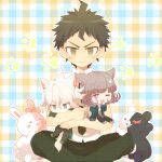  1girl 2boys ahoge alternate_hair_ornament animal_ears bangs black_jacket black_legwear black_pants blunt_bangs blush brown_eyes brown_footwear brown_hair cat_ears cat_tail commentary_request dangan_ronpa_(series) dangan_ronpa_2:_goodbye_despair diaper ear_bow earrings eyebrows_visible_through_hair fish_hair_ornament green_eyes green_jacket grey_eyes grey_hair hair_ornament hinata_hajime holding_another indian_style jacket jewelry kemonomimi_mode keroro7 komaeda_nagito long_sleeves looking_at_viewer monokuma monomi_(dangan_ronpa) multicolored multicolored_background multiple_boys nanami_chiaki necktie open_clothes open_jacket open_mouth outline pants paw_print paw_print_background pink_eyes pink_hair shirt short_hair sitting sleeves_past_wrists tail white_hair white_outline yawning 