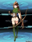  1girl :o belt bow_(weapon) brown_gloves brown_hair capelet clenched_hand copyright_name flower full_body gloves green_capelet hair_flower hair_ornament haritoyomimasu holding holding_bow_(weapon) holding_weapon long_hair looking_at_viewer pandora_party_project pointy_ears ponytail sidelocks standing tachi-e very_long_hair violet_eyes weapon 