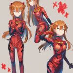  1girl blue_eyes bodysuit breasts closed_mouth commentary_request cropped_legs expressionless grey_background hair_between_eyes hajikkoneko highres holding_own_arm interface_headset long_hair looking_at_viewer multiple_views neon_genesis_evangelion orange_hair plugsuit red_bodysuit simple_background skin_tight small_breasts souryuu_asuka_langley two_side_up 