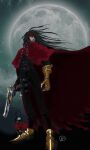  1boy black_hair clawed_gauntlets cloak dog final_fantasy final_fantasy_vii gauntlets gloves gun headband long_hair moon pc+ pointed_footwear red_eyes torn_clothes vincent_valentine weapon 