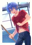  1boy abs angel_beats! blue_pants blurry cleaning_brush commentary_request cowboy_shot depth_of_field hinata_(angel_beats!) looking_at_viewer low_ponytail male_focus open_mouth pants pole red_shirt satomi_yoshitaka shirt shirt_hold short_hair solo standing 
