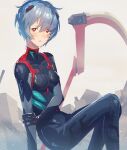  1girl absurdres ayanami_rei black_bodysuit blue_hair bodysuit breasts commentary_request feet_out_of_frame grey_background hajikkoneko highres interface_headset light_particles looking_at_viewer medium_breasts neon_genesis_evangelion parted_lips plugsuit red_eyes rubble scythe short_hair skin_tight solo 