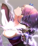  1girl armor bangs breasts chiinyan commentary_request electricity energy_sword from_side genshin_impact grey_background hair_ornament highres japanese_clothes kimono large_breasts long_hair looking_at_viewer obi obiage obijime open_mouth parted_lips purple_hair raiden_(genshin_impact) sash shoulder_armor simple_background solo sword violet_eyes weapon 