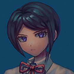  1girl bangs black_hair blue_background blue_eyes closed_mouth collared_shirt commentary_request dangan_ronpa:_trigger_happy_havoc dangan_ronpa_(series) esu_(tasoesu) freckles gradient gradient_background green_background ikusaba_mukuro looking_at_viewer neck_ribbon red_ribbon ribbon shiny shiny_hair shirt short_hair simple_background solo swept_bangs white_shirt 