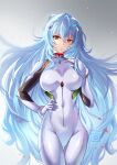  1girl absurdres artist_name ayanami_rei blue_hair breasts closed_mouth evangelion:_3.0+1.0_thrice_upon_a_time gradient gradient_background grey_background hair_between_eyes hand_on_hip highres large_breasts lena_dai long_hair looking_at_viewer neon_genesis_evangelion plugsuit rebuild_of_evangelion red_eyes solo thigh_gap very_long_hair 