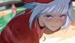  1girl baseball_cap blue_hair blurry blurry_background blush crying crying_with_eyes_open hat headwear_removed isshiki_(ffmania7) lize_helesta nijisanji parted_lips red_headwear redhead short_hair silver_hair sketch solo_focus tears violet_eyes virtual_youtuber 