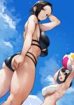  2girls absurdres armpits arms_up ass ball bikini black_bikini black_eyes black_hair blue_sky breasts closed_mouth clouds day flower ganbare_douki-chan hair_flower hair_ornament highres kouhai-chan_(yomu_(sgt_epper)) large_breasts looking_at_viewer multiple_girls okuzumi_maiko open_mouth short_hair sky swimsuit white_bikini yoshio_(55level) 