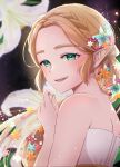  1girl :d bangs bare_arms bare_shoulders blonde_hair blue_flower blurry blurry_background braid commentary_request dress flower from_side green_eyes hair_flower hair_ornament highres long_hair looking_at_viewer open_mouth orange_flower parted_bangs pointy_ears princess_zelda red_flower seri_(yuukasakura) signature smile solo strapless strapless_dress the_legend_of_zelda the_legend_of_zelda:_breath_of_the_wild upper_body upper_teeth wavy_hair white_dress white_flower 