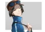  1boy baseball_cap blue_jacket brown_hair calem_(pokemon) closed_eyes closed_mouth commentary_request eyewear_on_headwear from_side hand_up hat highres holding_strap jacket kawaru_(mr50q) male_focus orange_headwear pokemon pokemon_(game) pokemon_xy short_hair smile solo strap sunglasses turtleneck_jacket zipper_pull_tab 