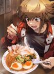  1boy black_shirt bowl brown_eyes brown_hair chopsticks cocaduel duel_academy_uniform_(yu-gi-oh!_gx) egg fingernails food highres holding holding_chopsticks holding_spoon jacket light_blush long_sleeves male_focus meat medium_hair multicolored_hair noodles open_clothes open_jacket open_mouth price_list ramen red_jacket saliva shirt solo spoon steam symbol-only_commentary table two-tone_hair yu-gi-oh! yu-gi-oh!_gx yuuki_juudai 