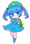 1girl backpack bag bangs blue_eyes blue_footwear blue_hair blue_shirt blue_skirt boots breasts collared_shirt flat_cap frilled_shirt_collar frills full_body green_headwear hair_bobbles hair_ornament hat highres kawashiro_nitori key knee_boots large_breasts long_sleeves medium_hair op_na_yarou pocket puffy_short_sleeves puffy_sleeves rubber_boots shirt short_sleeves short_twintails sidelocks simple_background skirt skirt_set solo touhou twintails two_side_up white_background 