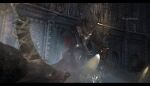  1other androgynous animal arm_guards belt blood bloodborne blurry blurry_foreground boots cloak coat commentary_request copyright_name english_text gun hat holding holding_gun holding_weapon hunter_(bloodborne) mask missing_limb mono_(jdaj) mouth_mask railing saw_cleaver sitting solo tricorne weapon wolf 
