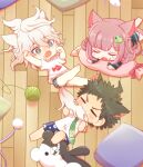  1girl 2boys ahoge alternate_hair_ornament animal_ears animal_print arm_up bangs barefoot biting black_jacket blue_male_underwear blush blush_stickers cat_boy cat_ears cat_girl cat_print cat_tail chibi closed_eyes commentary_request dangan_ronpa_(series) dangan_ronpa_2:_goodbye_despair fish_print food green_neckwear grey_hair hand_up hinata_hajime jacket keroro7 komaeda_nagito lying male_underwear messy_hair monokuma multiple_boys nanami_chiaki necktie on_back on_stomach open_mouth panties pillow pink_hair plaid_male_underwear print_neckwear ribbon shirt sleeping tail tail_biting underwear white_shirt wooden_floor 