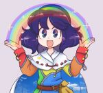  belt blue_hair cape cloak dress eyebrows_visible_through_hair happy keb00b multicolored multicolored_clothes multicolored_dress multicolored_eyes multicolored_hairband open_mouth patchwork_clothes rainbow rainbow_gradient red_button sky_print tattered_cape tenkyuu_chimata touhou two-sided_cape two-sided_fabric unconnected_marketeers white_cape zipper 