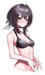  1girl absurdres arknights bangs bare_arms bare_shoulders beudelb bikini black_bikini black_eyes black_hair blush breasts commentary_request hair_intakes hair_ornament hairclip highres korean_commentary la_pluma_(arknights) looking_at_viewer nose_blush short_hair small_breasts solo stomach swimsuit upper_body 