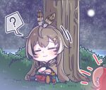  2girls ? animal_ears bangs brown_hair chibi closed_eyes commentary crossed_arms feathers grass hakos_baelz hololive hololive_english long_hair monja_(monja0521) mouse_ears multiple_girls nanashi_mumei night night_sky sky solo_focus spoken_question_mark tree virtual_youtuber 