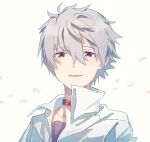  1boy ayanami_rei choker collared_shirt commentary_request falling_petals grey_hair hajikkoneko highres light_smile looking_at_viewer lower_teeth male_focus nagisa_kaworu neon_genesis_evangelion parted_lips petals red_choker red_eyes shirt short_hair simple_background solo upper_body white_background white_shirt 