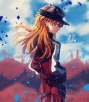  1girl bangs black_headwear blue_eyes blue_sky blurry blurry_background bodysuit closed_mouth clouds commentary_request cowboy_shot debris expressionless from_behind hajikkoneko hands_in_pockets hat highres jacket long_hair long_sleeves looking_at_viewer looking_back neon_genesis_evangelion orange_hair plugsuit profile rebuild_of_evangelion red_bodysuit red_jacket sky solo souryuu_asuka_langley track_jacket 