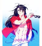 abs black_hair eyewear_removed final_fantasy final_fantasy_vii long_hair looking_to_the_side male_focus muscular open_clothes open_shirt pale_skin pants peonrin red_eyes red_shirt scar shirt short_sleeves sunglasses vincent_valentine white_pants 