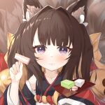  1girl absurdres amagi-chan_(azur_lane) animal_ears azur_lane bangs blunt_bangs brown_hair collarbone commentary_request eyebrows_visible_through_hair eyeshadow food fox_ears fox_girl fox_tail highres holding holding_food japanese_clothes kyuubi long_hair looking_at_viewer makeup multiple_tails off-shoulder_kimono plate recyan rope shimenawa sidelocks smile solo tail thick_eyebrows twintails violet_eyes wide_sleeves 