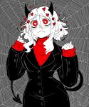  1girl absurdres black_horns black_tail breasts demon_girl demon_horns demon_tail heart heart-shaped_pupils helltaker highres horns large_breasts limited_palette medium_hair miriasuu modeus_(helltaker) pantyhose red_eyes red_sweater sidelocks silk smile spider_web spider_web_background spider_web_print sweater symbol-shaped_pupils tail turtleneck turtleneck_sweater white_hair 