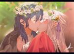  2girls blue_hair blurry blurry_background blush byleth_(fire_emblem) byleth_eisner_(female) cape closed_eyes edelgard_von_hresvelg fire_emblem fire_emblem:_three_houses flower gloves hair_ribbon head_wreath kiss long_hair looking_at_another medium_hair multiple_girls purple_ribbon red_cape ribbon silver_hair toho10min upper_body violet_eyes white_gloves yuri 