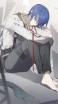  1boy 1c3ink3tk4n absurdres arms_on_knees artist_name bangs barefoot belt black_belt blue_eyes blue_hair collared_shirt crossed_ankles crossed_arms fence full_body green_neckwear grey_pants highres kaito_(vocaloid) male_focus nail_polish pale_skin pants parted_bangs pensive project_sekai red_ribbon ribbon scarf shirt short_hair sitting slouching solo suspenders vocaloid white_shirt 