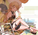 1girl :p bikini cocktail commission girls_frontline highres light_brown_eyes light_brown_hair long_hair platform_footwear pool ppk_(girls_frontline) rabb_horn skeb_commission solo sweat swimsuit tongue tongue_out very_long_hair 