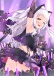  1girl :d animal_ears arm_up armpits blush bow cat_ears cat_tail elbow_gloves fake_animal_ears flat_chest gloves glowstick gmkj hair_bow highres hololive long_hair looking_back midriff murasaki_shion open_mouth panties pantyshot silver_hair smile solo tail tail_bow tail_ornament thigh-highs two_side_up underwear virtual_youtuber yellow_eyes zettai_ryouiki 
