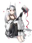  1girl arknights bangs bare_shoulders barefoot black_gloves commentary_request gloves hammer holding holding_hammer holding_weapon horns knees_up long_hair long_sleeves looking_at_viewer mudrock_(arknights) nuriacchii off_shoulder oripathy_lesion_(arknights) pointy_ears red_eyes silver_hair simple_background sitting solo weapon white_background 