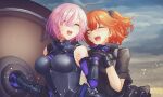  2girls ahoge armor bangs bare_shoulders black_armor black_gloves black_scrunchie black_shirt boobplate closed_eyes clouds cloudy_sky collared_shirt commentary_request crying eyebrows_visible_through_hair fate/grand_order fate_(series) fujimaru_ritsuka_(female) gauntlets gloves hair_between_eyes hair_ornament hair_scrunchie highres holding holding_hands holding_shield holding_weapon mash_kyrielight multiple_girls nana73 open_mouth outdoors pink_hair polar_chaldea_uniform ponytail scrunchie shield shirt short_hair short_sleeves side_ponytail sky smile sweat tearing_up tears uniform upper_body upper_teeth weapon 