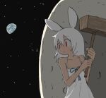  animal_ears blue_bow bow dress earth_(planet) mallet medium_hair moon moon_rabbit original planet rabbit_ears red_eyes space star_(sky) umi_ha_kirai white_dress white_hair 