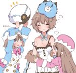  3girls blanc blue_coat blue_neckwear blush bow bowtie breasts buttons closed_eyes closed_mouth coat double-breasted dress facing_viewer from_behind from_side fur-trimmed_coat fur_trim hair_between_eyes haruna_(citrus_love_i) hat hat_removed headwear_removed holding holding_clothes holding_hat long_hair looking_at_another medium_hair messy_hair multiple_girls neptune_(series) no_bra off_shoulder on_head pink_coat pink_neckwear pom_pom_(clothes) ram_(neptune_series) rom_(neptune_series) short_hair siblings sisters small_breasts standing strap_slip stuffed_toy tired twins very_long_hair wavy_mouth white_coat white_dress 