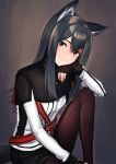 1girl animal_ears arknights bangs black_background black_gloves black_hair black_legwear black_shorts closed_mouth fingerless_gloves gloves head_rest long_hair long_sleeves mugiaki pantyhose shorts shoulder_strap sidelocks simple_background solo tail texas_(arknights) wolf_ears wolf_girl wolf_tail 